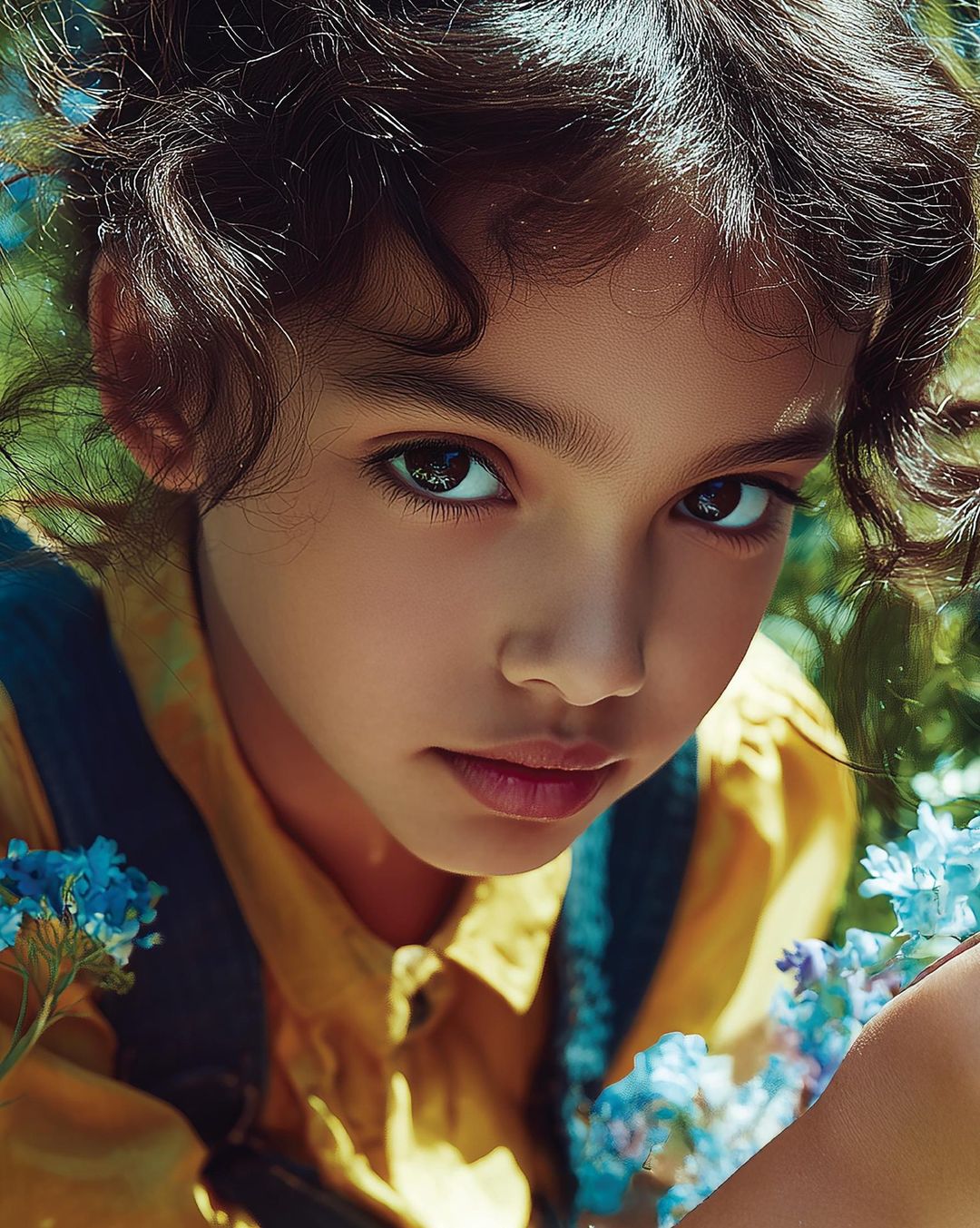 A child among wildflowers in the nature park