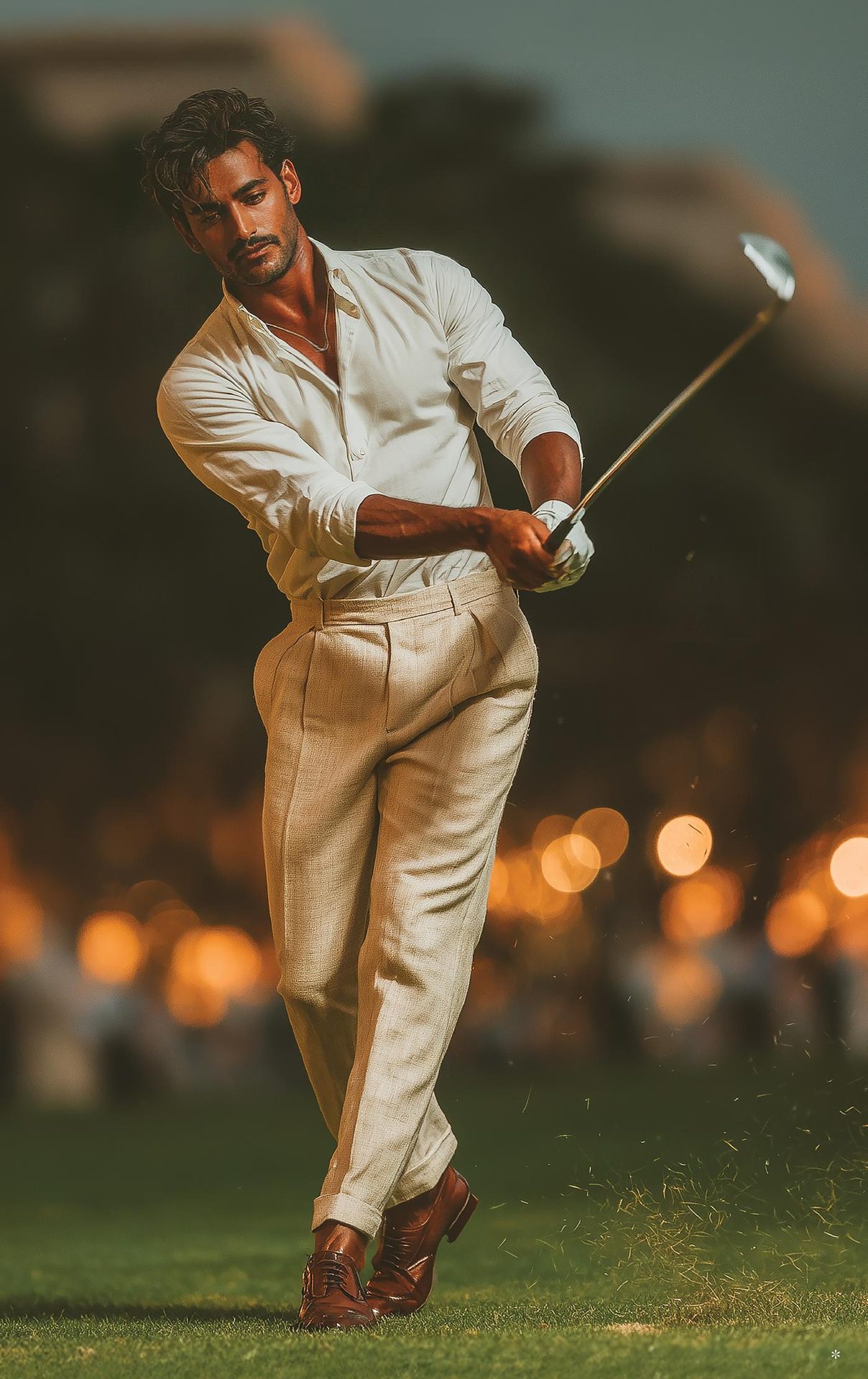 A golfer at dusk on the championship course, the last swing meeting the evening air
