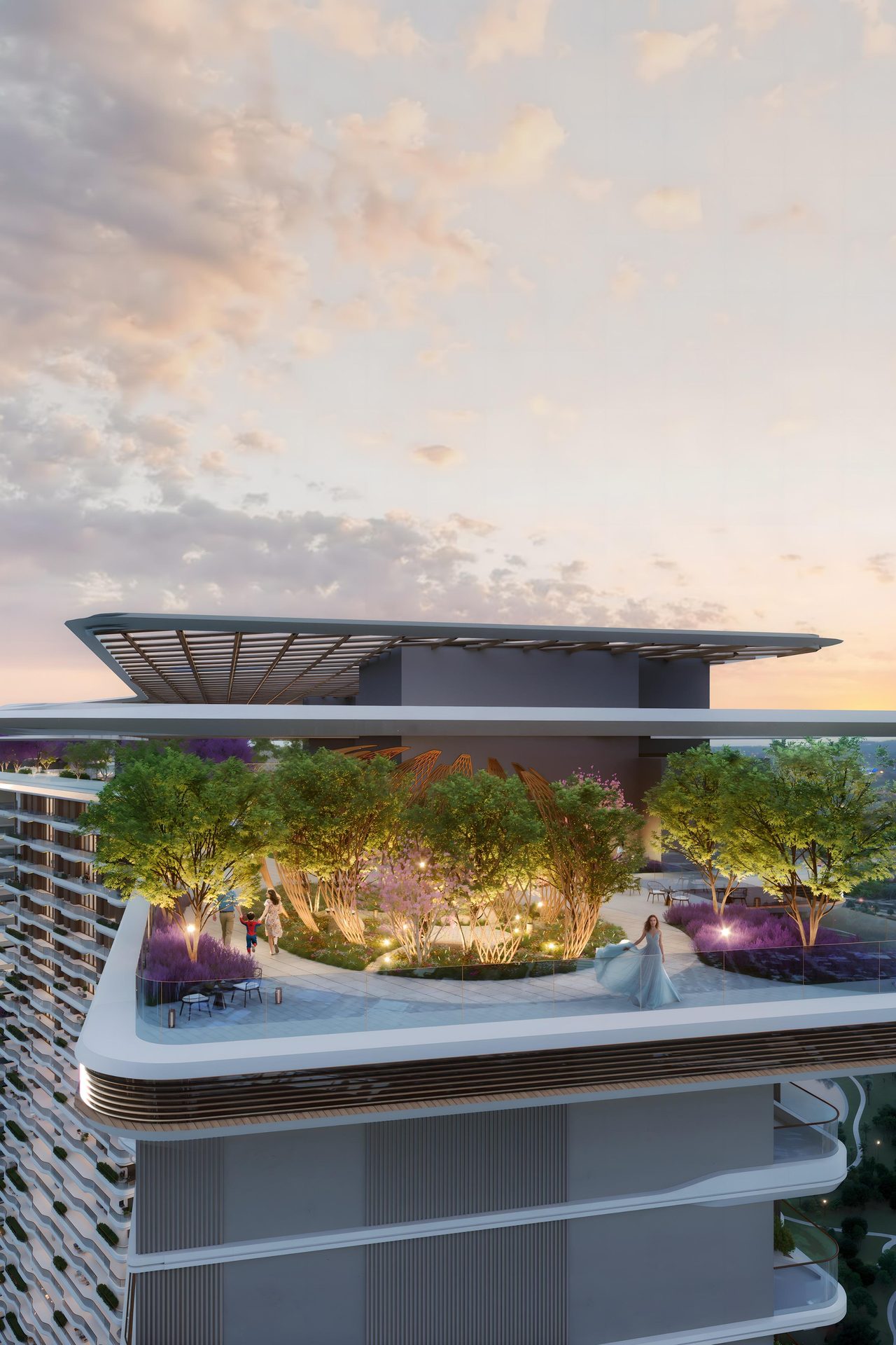 The sky-garden crown of The Peridona towers against the evening sky