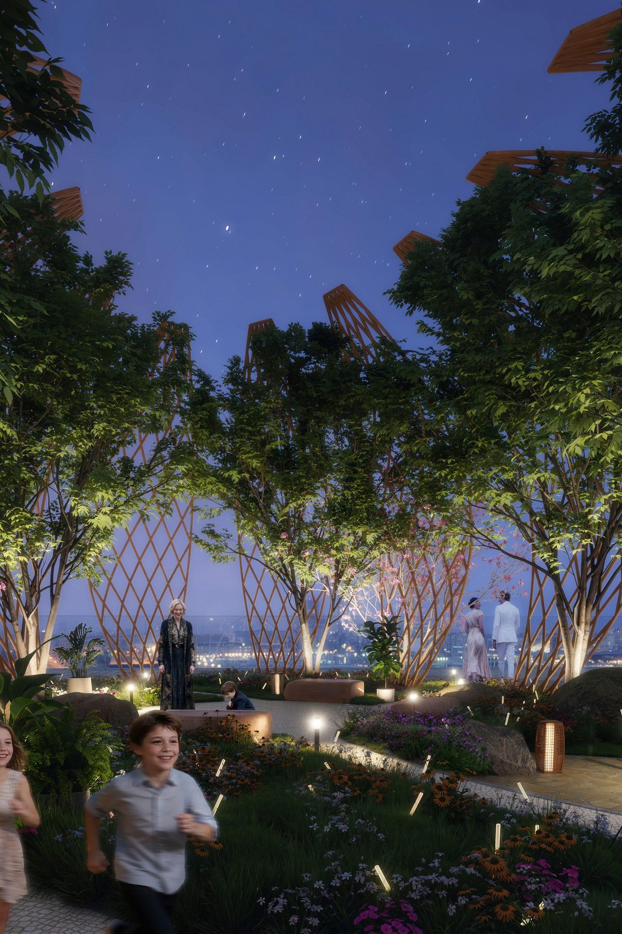 Rooftop waterbody under the night sky at The Peridona