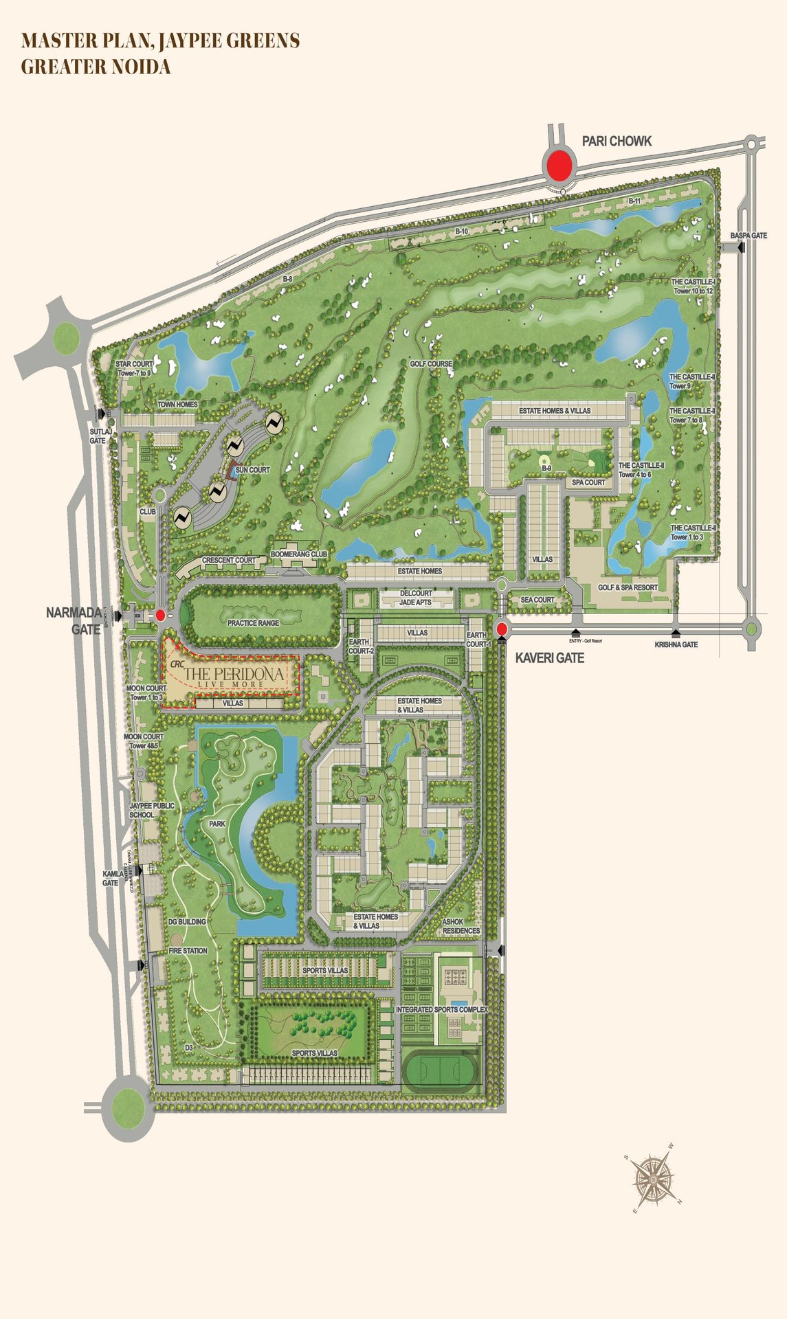 Master plan of Jaypee Greens, Greater Noida, with The Peridona site marked near Narmada Gate